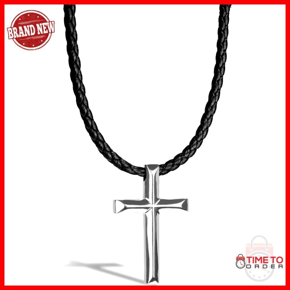 Men's Leather Necklace with Stainless Steel Pendant, 60cm Length, Secure Clasp